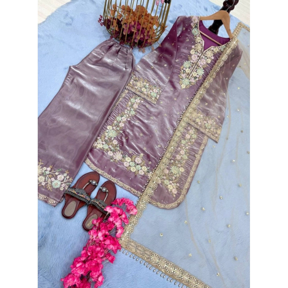 Vaystra Silk Embroidered 3/4th Sleeve Round Kurti With Palazzo Pant and Dupatta Set –...