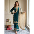 Vaystra Silk Embroidered 3/4th Sleeve Round Kurti With Palazzo Pant and Dupatta Set – Teal