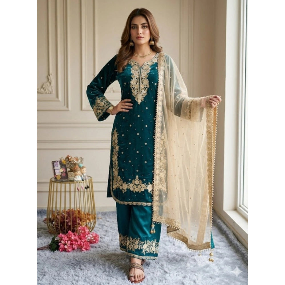 Vaystra Silk Embroidered 3/4th Sleeve Round Kurti With Palazzo Pant and Dupatta Set – Teal