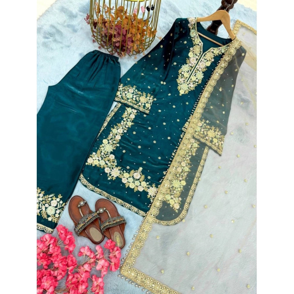 Vaystra Silk Embroidered 3/4th Sleeve Round Kurti With Palazzo Pant and Dupatta Set – Teal