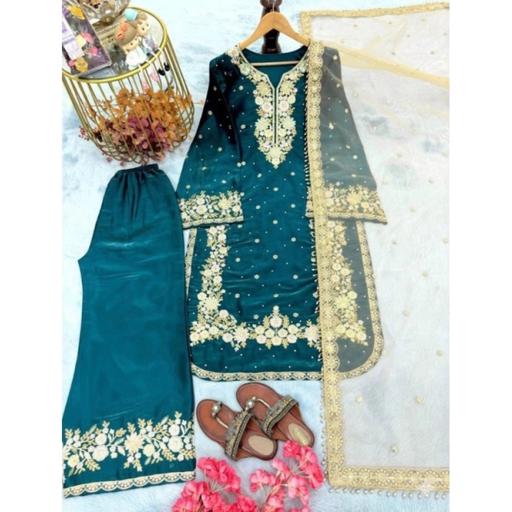 Vaystra Silk Embroidered 3/4th Sleeve Round Kurti With Palazzo Pant and Dupatta Set – Teal