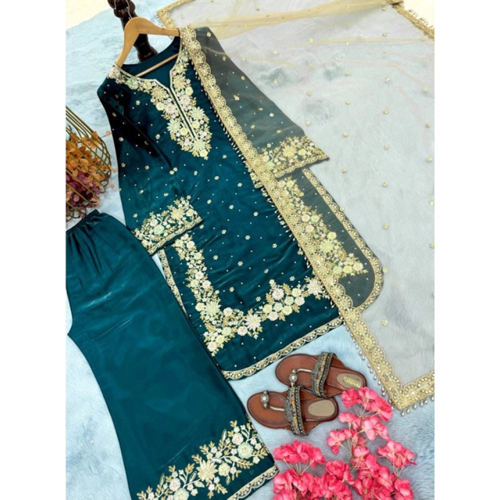 Vaystra Silk Embroidered 3/4th Sleeve Round Kurti With Palazzo Pant and Dupatta Set – Teal