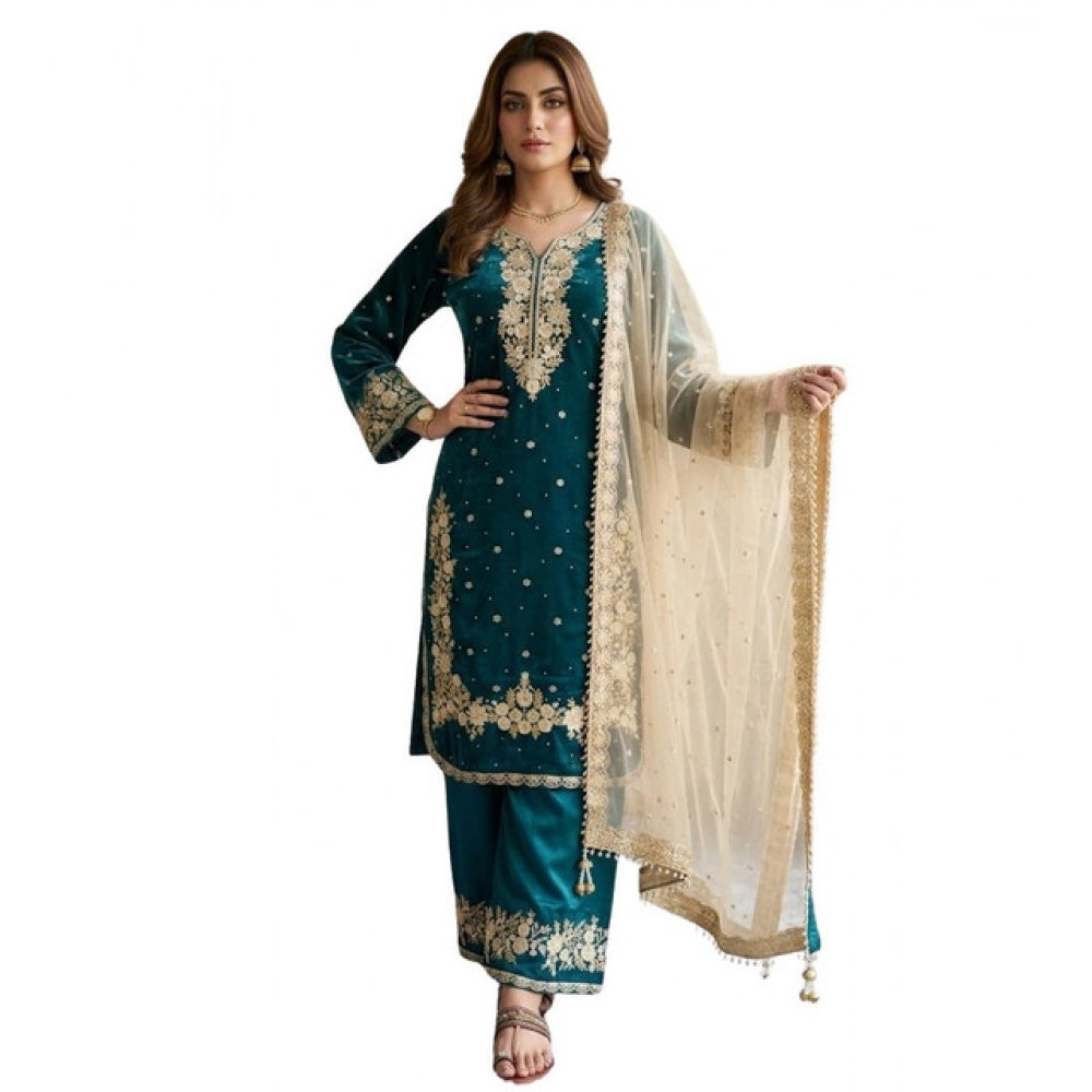 Vaystra Silk Embroidered 3/4th Sleeve Round Kurti With Palazzo Pant and Dupatta Set – Teal