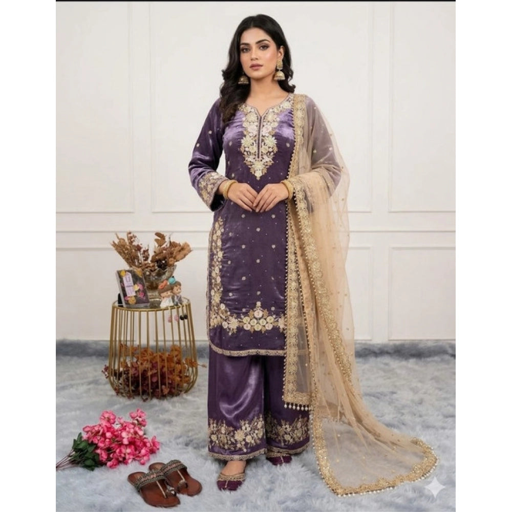 Vaystra Silk Embroidered 3/4th Sleeve Round Kurti With Palazzo Pant and Dupatta Set –...