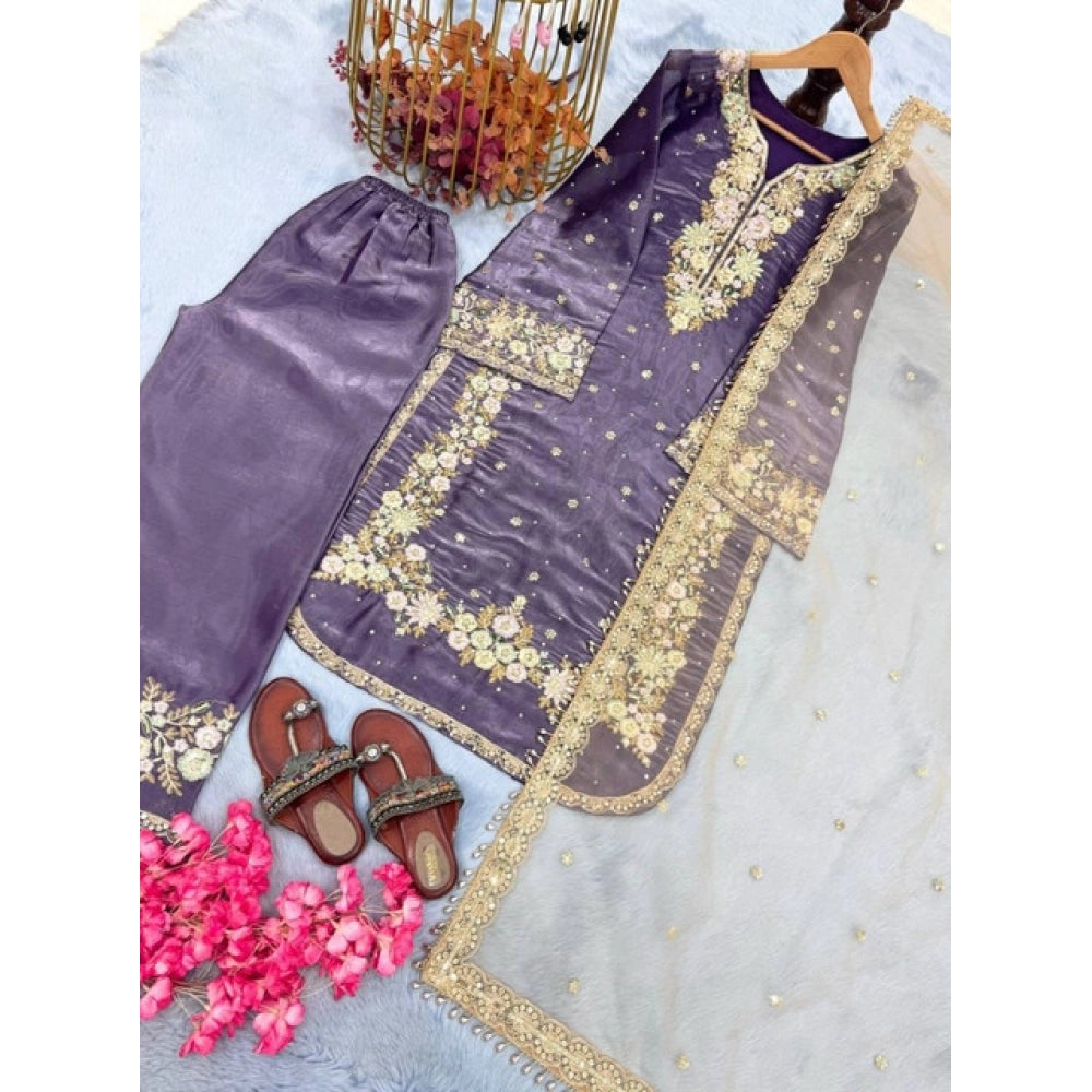 Vaystra Silk Embroidered 3/4th Sleeve Round Kurti With Palazzo Pant and Dupatta Set –...