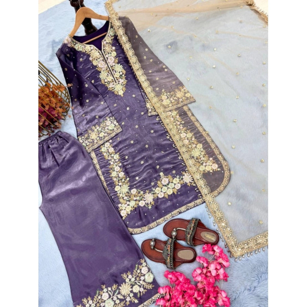 Vaystra Silk Embroidered 3/4th Sleeve Round Kurti With Palazzo Pant and Dupatta Set –...
