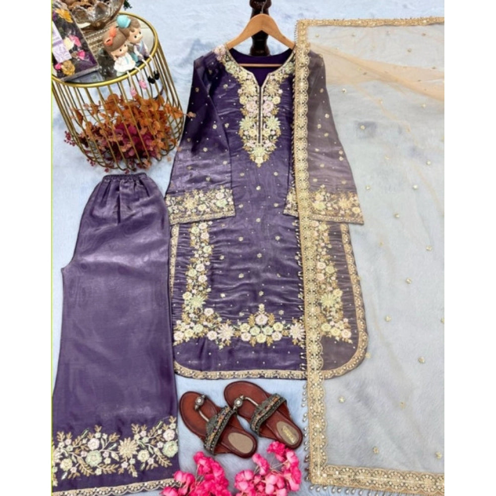 Vaystra Silk Embroidered 3/4th Sleeve Round Kurti With Palazzo Pant and Dupatta Set –...