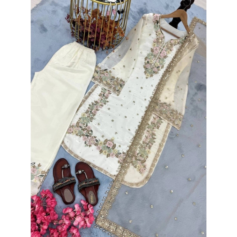 Vaystra Silk Embroidered 3/4th Sleeve Round Kurti With Palazzo Pant and Dupatta Set –...