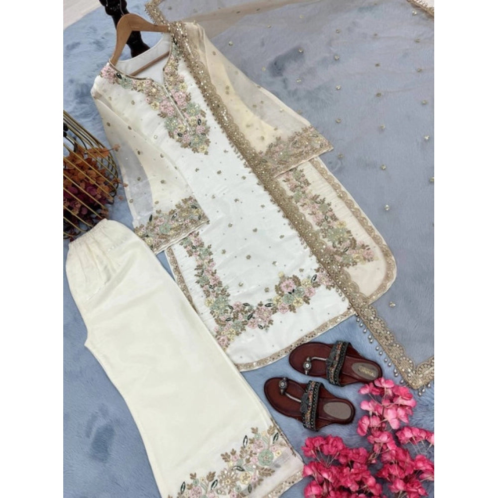 Vaystra Silk Embroidered 3/4th Sleeve Round Kurti With Palazzo Pant and Dupatta Set –...