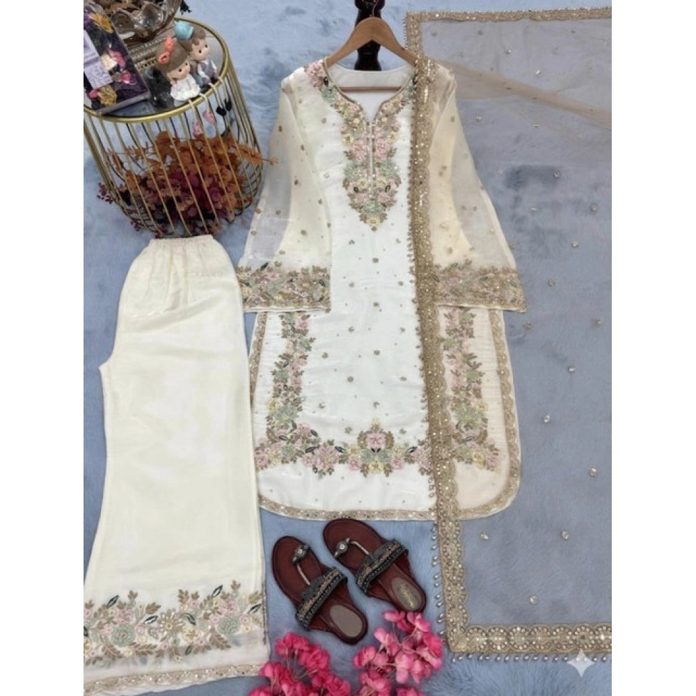 Vaystra Silk Embroidered 3/4th Sleeve Round Kurti With Palazzo Pant and Dupatta Set –...