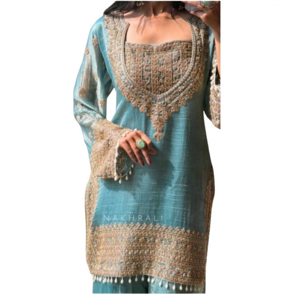 Vaystra Silk Embroidered 3/4th Sleeve Round Kurti With Sharara Pant and Dupatta Set –...