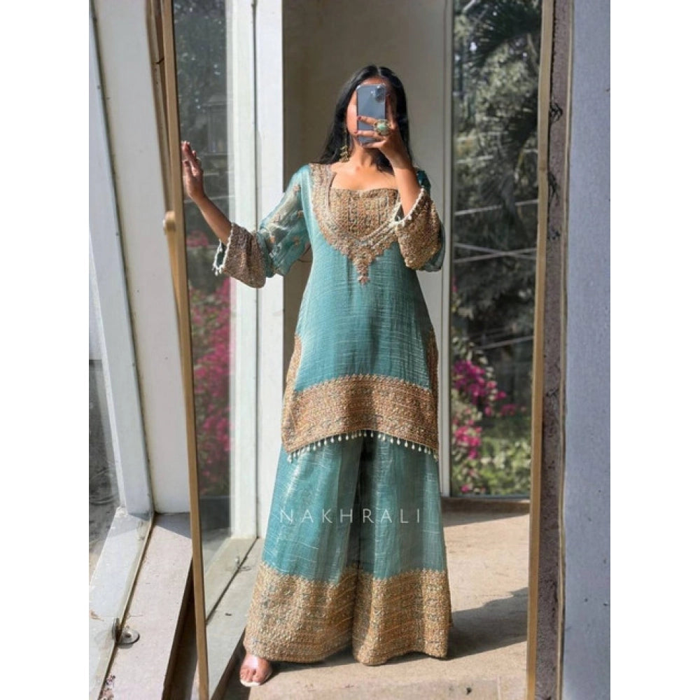 Vaystra Silk Embroidered 3/4th Sleeve Round Kurti With Sharara Pant and Dupatta Set –...