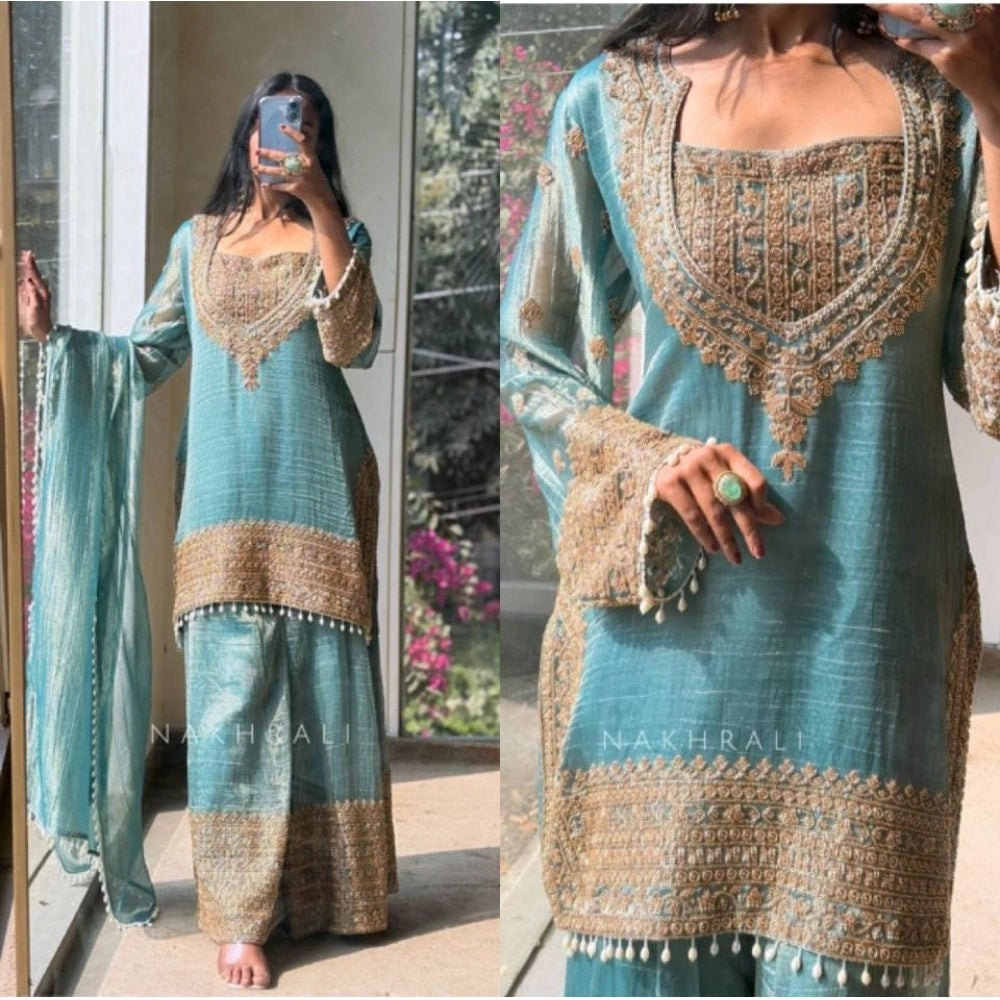 Vaystra Silk Embroidered 3/4th Sleeve Round Kurti With Sharara Pant and Dupatta Set –...