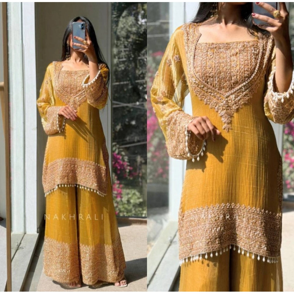 Vaystra Silk Embroidered 3/4th Sleeve Round Kurti With Sharara Pant and Dupatta Set –...