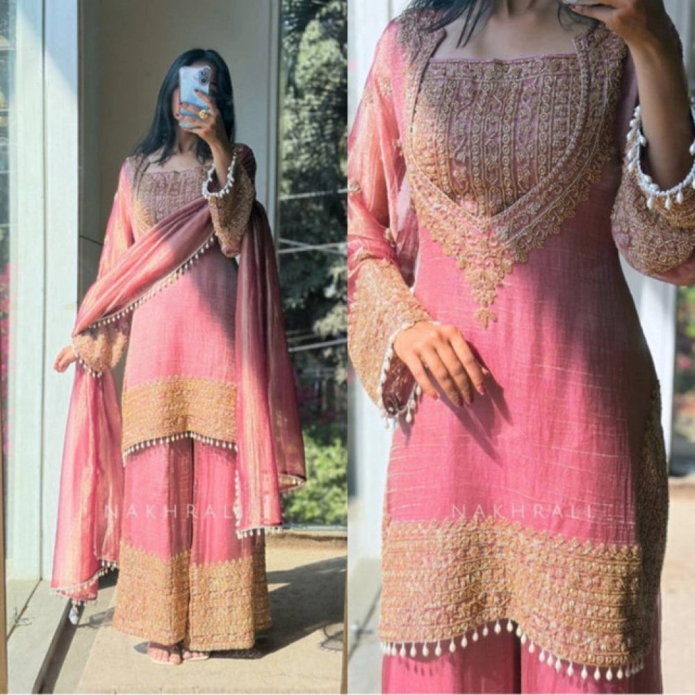 Vaystra Silk Embroidered 3/4th Sleeve Round Kurti With Sharara Pant and Dupatta Set – Pink