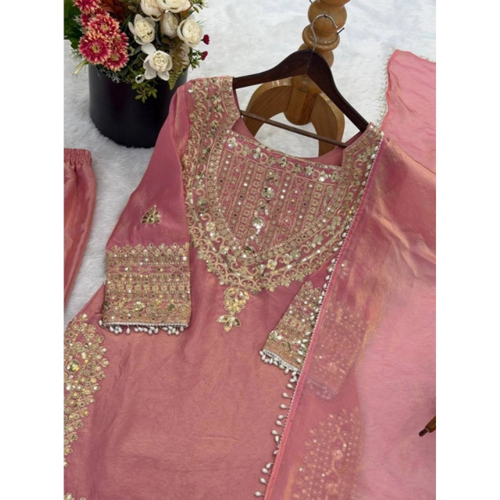 Vaystra Silk Embroidered 3/4th Sleeve Round Kurti With Sharara Pant and Dupatta Set – Pink
