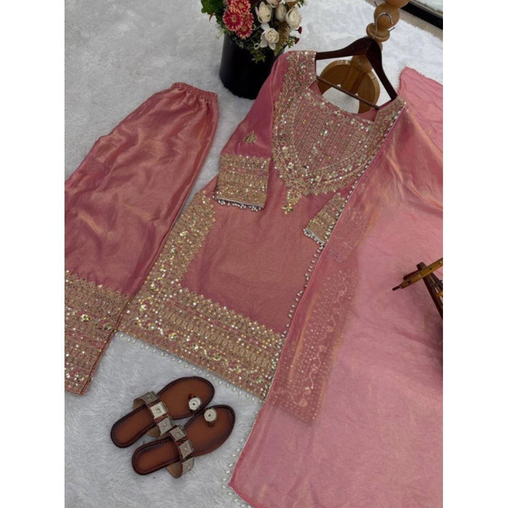 Vaystra Silk Embroidered 3/4th Sleeve Round Kurti With Sharara Pant and Dupatta Set – Pink