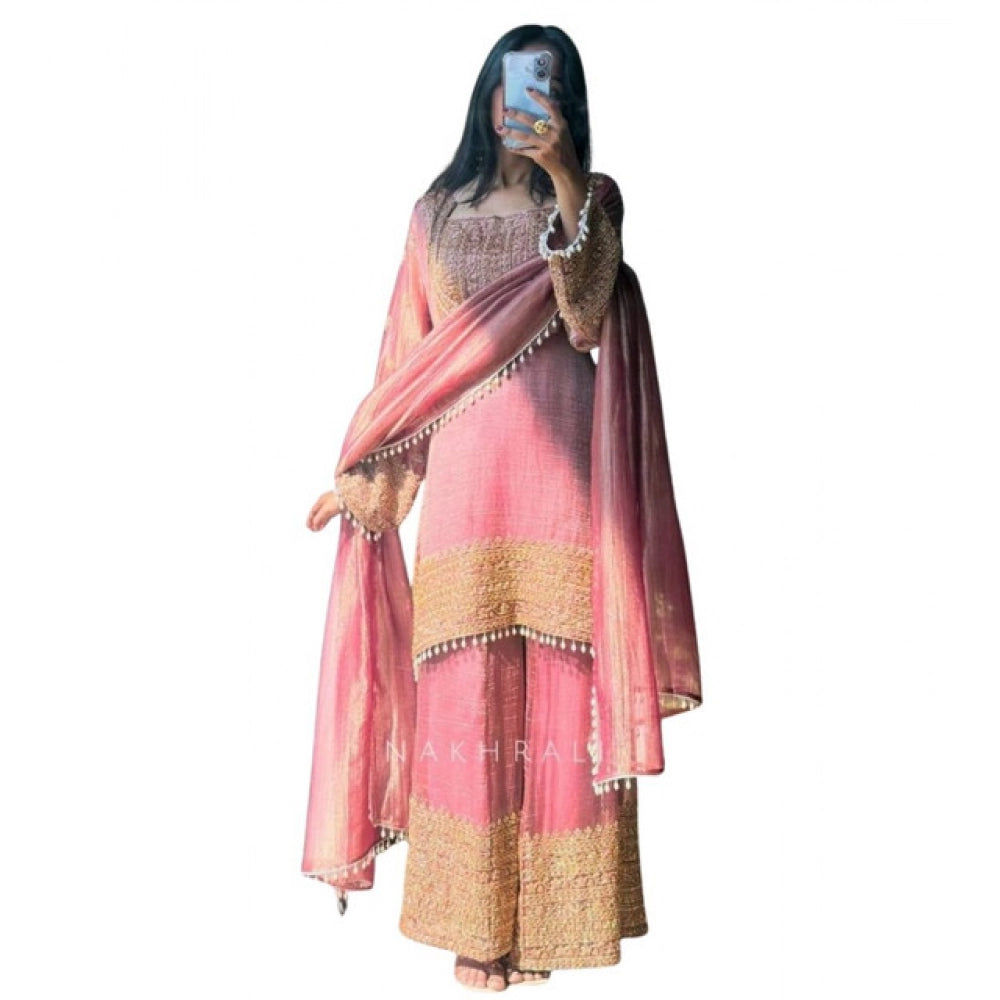 Vaystra Silk Embroidered 3/4th Sleeve Round Kurti With Sharara Pant and Dupatta Set – Pink