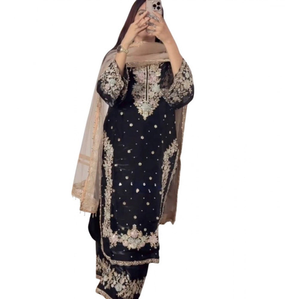 Vaystra Silk Embroidered 3/4th Sleeve Round Readymade Kurti With Palazzo Pant and...