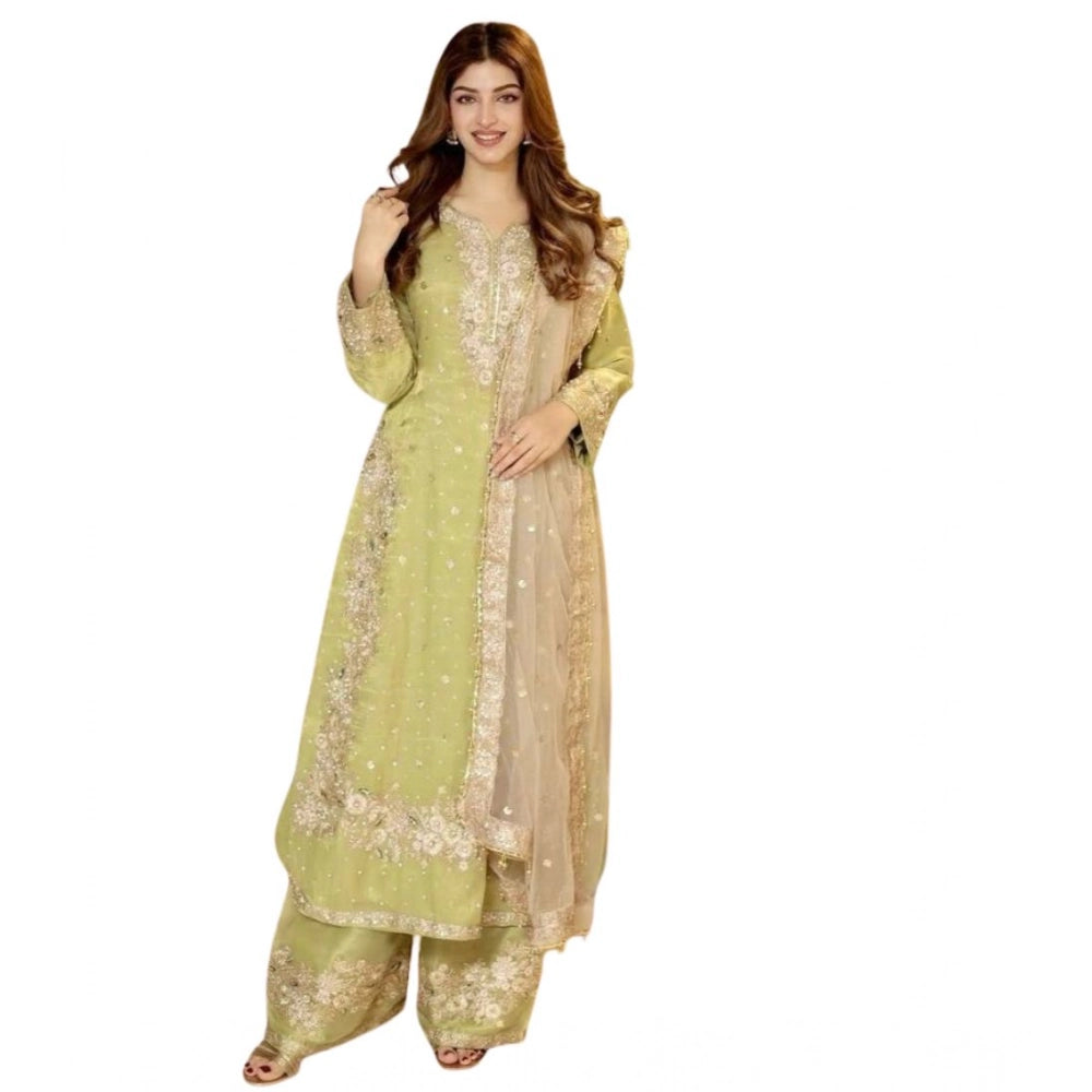 Vaystra Silk Embroidered 3/4th Sleeve Round Readymade Kurti With Palazzo Pant and...