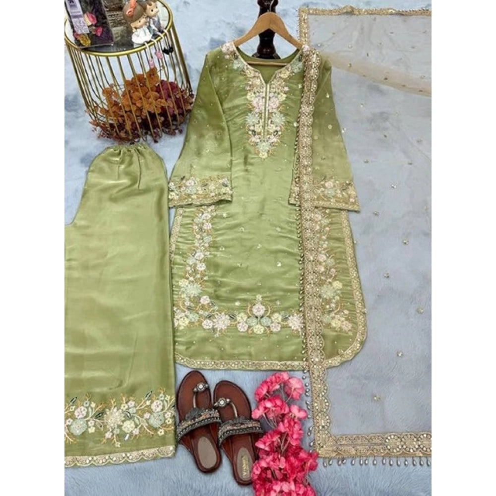 Vaystra Silk Embroidered 3/4th Sleeve Round Readymade Kurti With Palazzo Pant and...