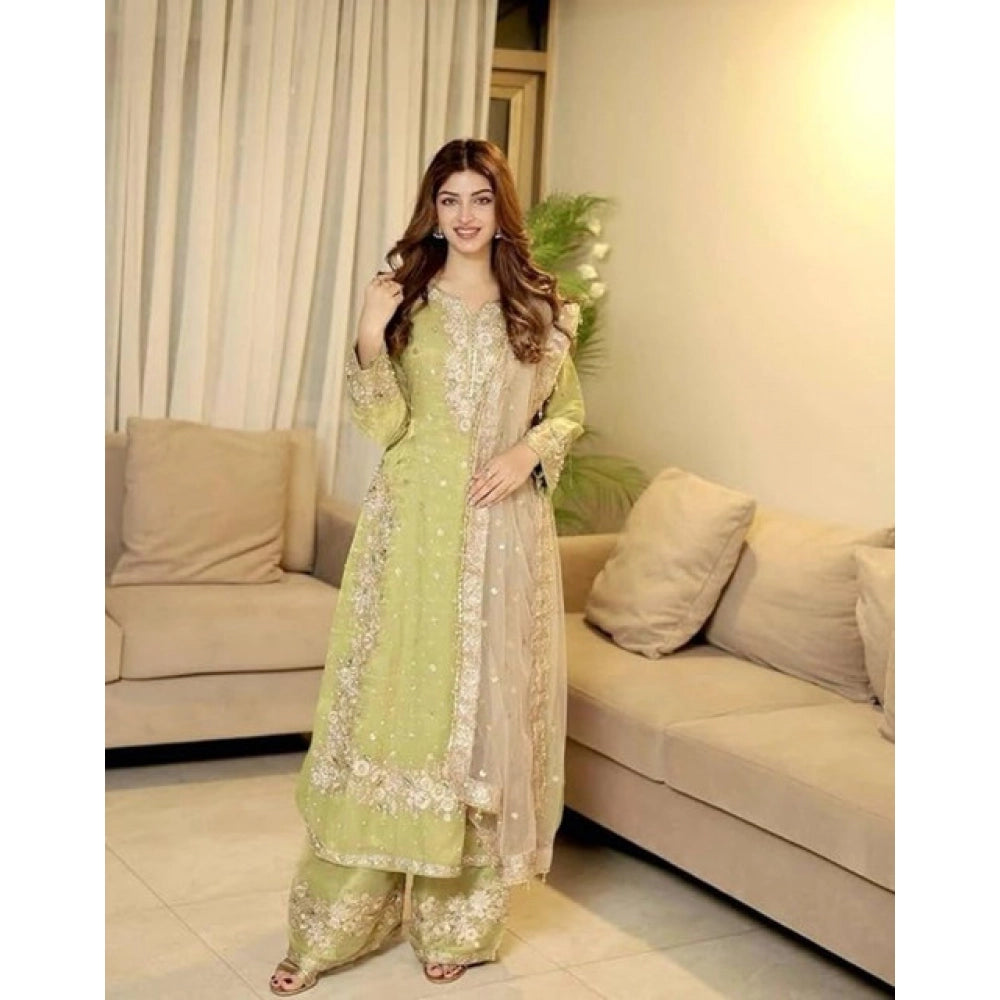 Vaystra Silk Embroidered 3/4th Sleeve Round Readymade Kurti With Palazzo Pant and...