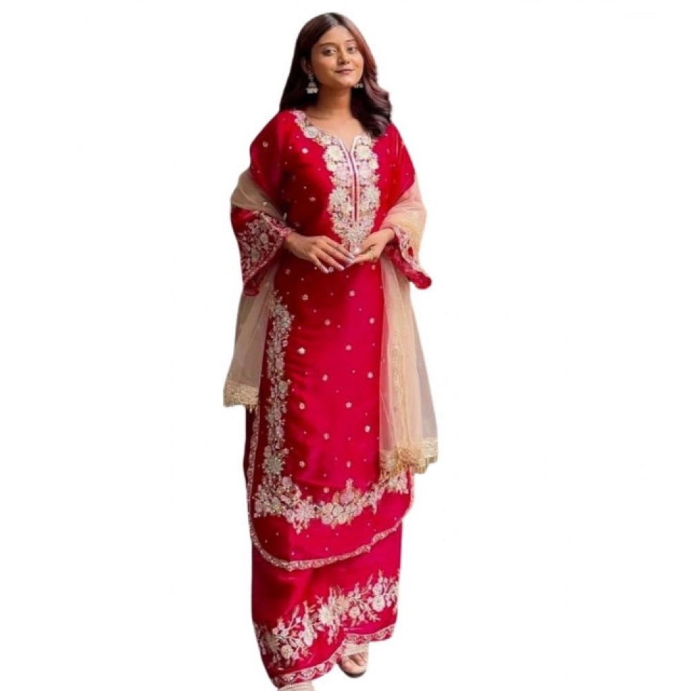 Vaystra Silk Embroidered 3/4th Sleeve Round Readymade Kurti With Palazzo Pant and...