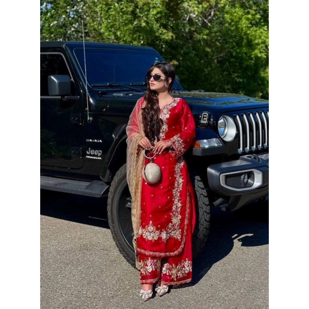 Vaystra Silk Embroidered 3/4th Sleeve Round Readymade Kurti With Palazzo Pant and...