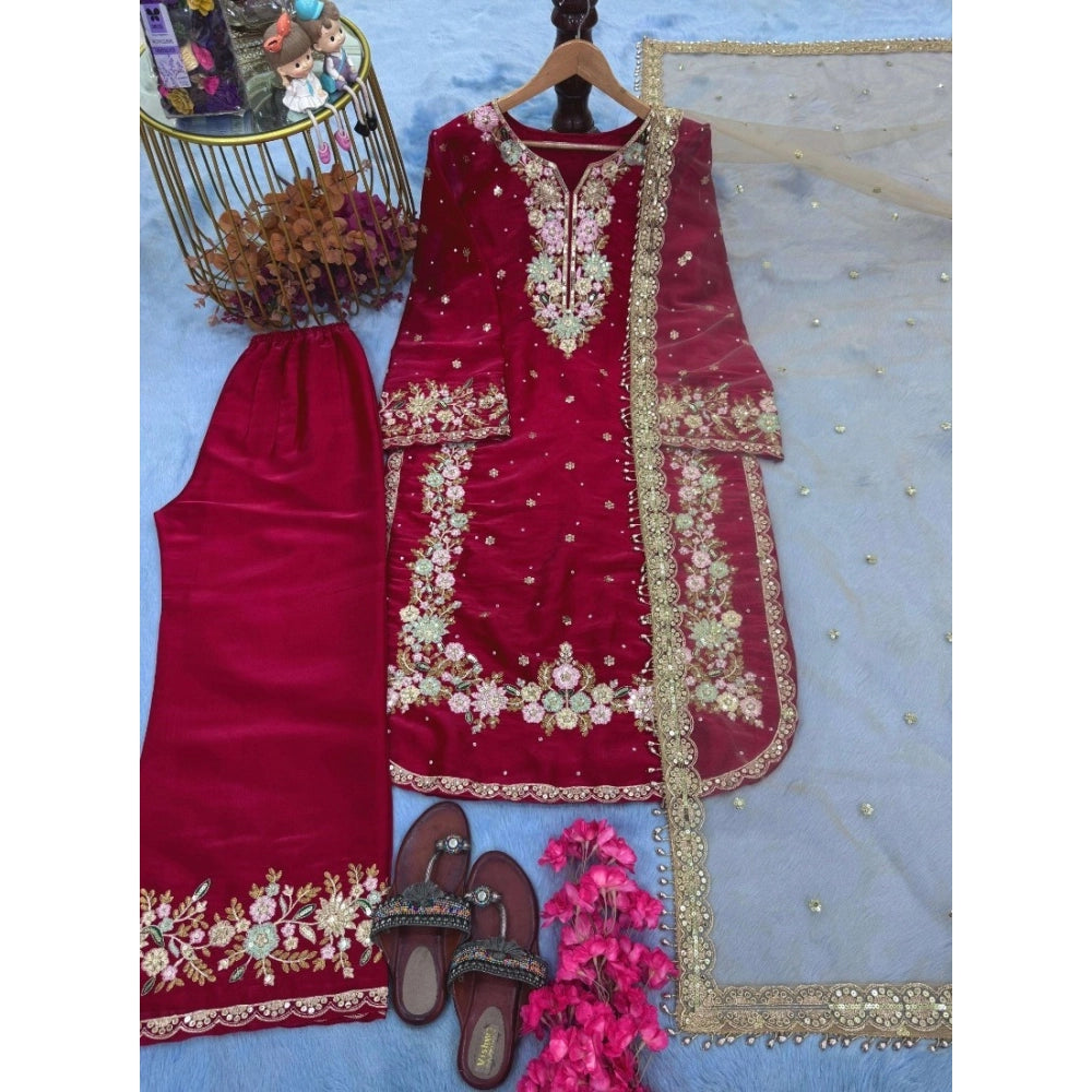 Vaystra Silk Embroidered 3/4th Sleeve Round Readymade Kurti With Palazzo Pant and...