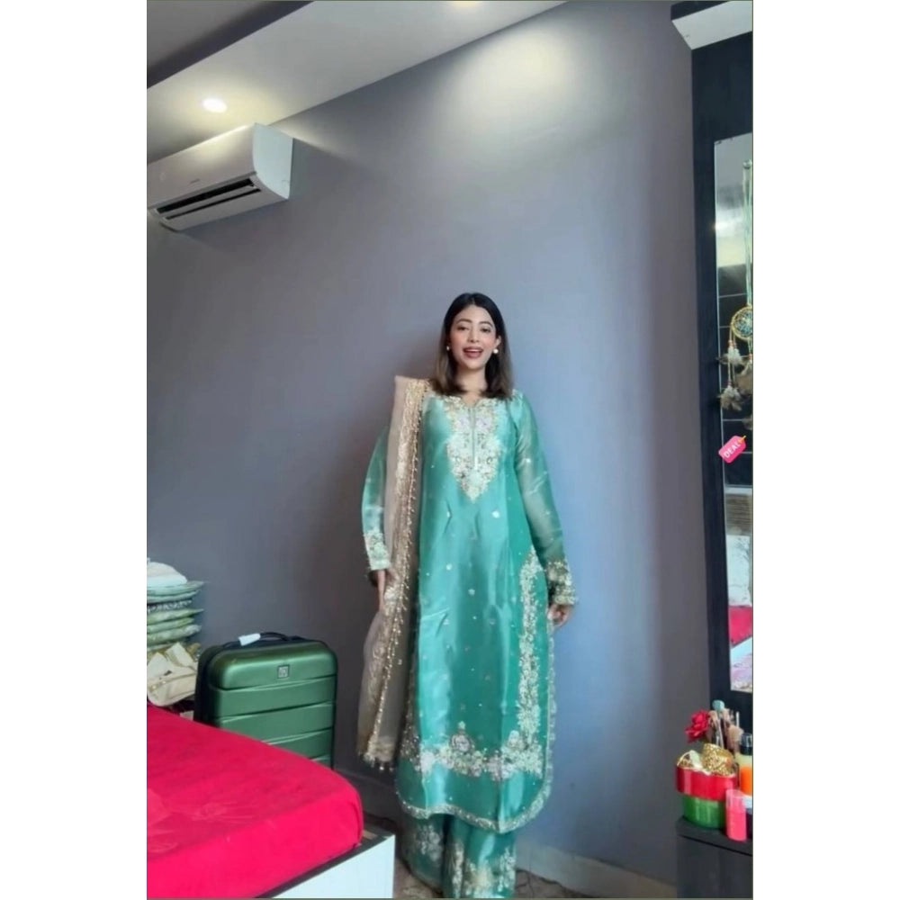 Vaystra Silk Embroidered 3/4th Sleeve Round Readymade Kurti With Palazzo Pant and...