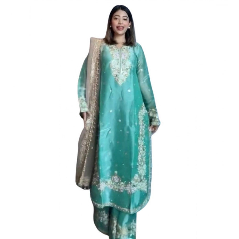Vaystra Silk Embroidered 3/4th Sleeve Round Readymade Kurti With Palazzo Pant and...