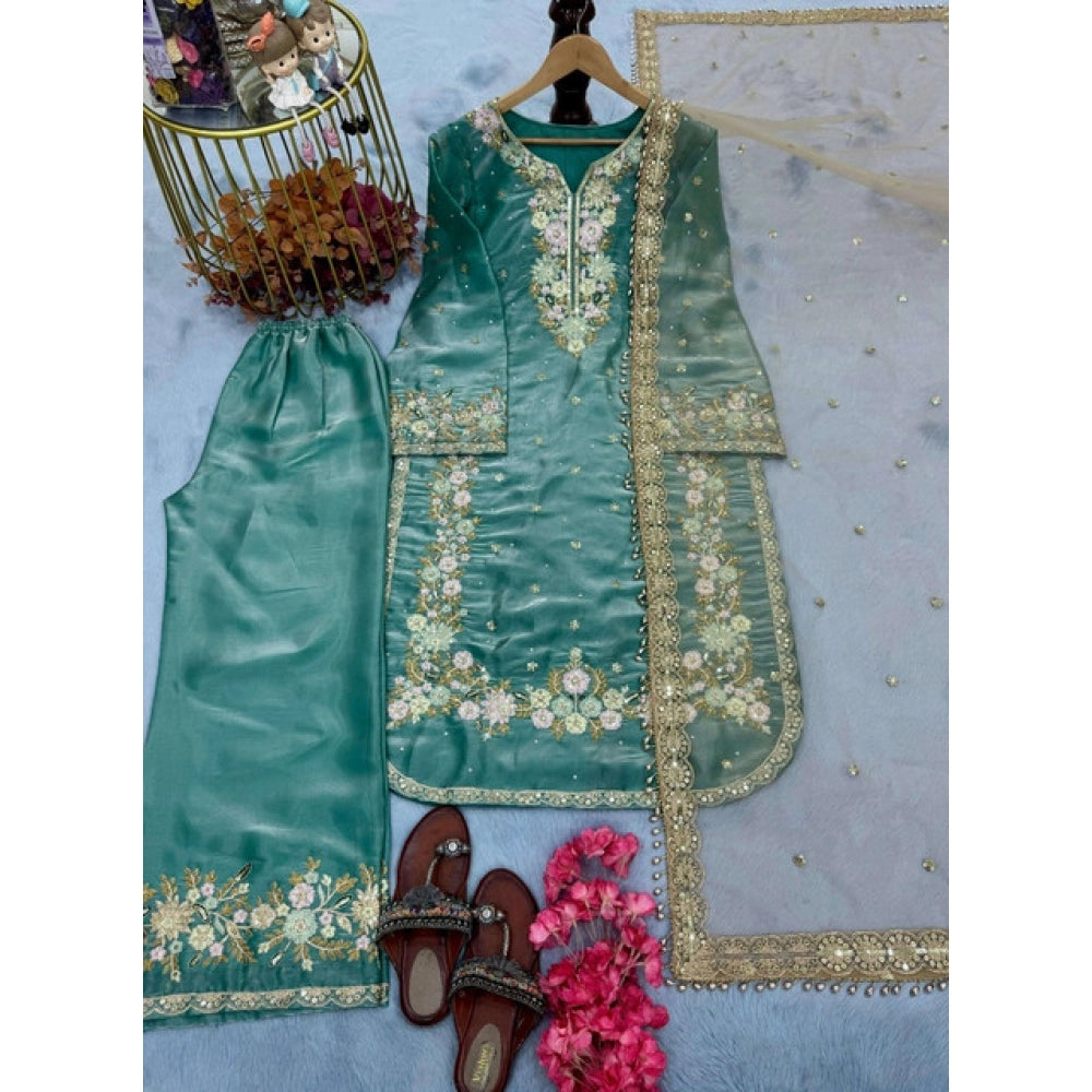 Vaystra Silk Embroidered 3/4th Sleeve Round Readymade Kurti With Palazzo Pant and...