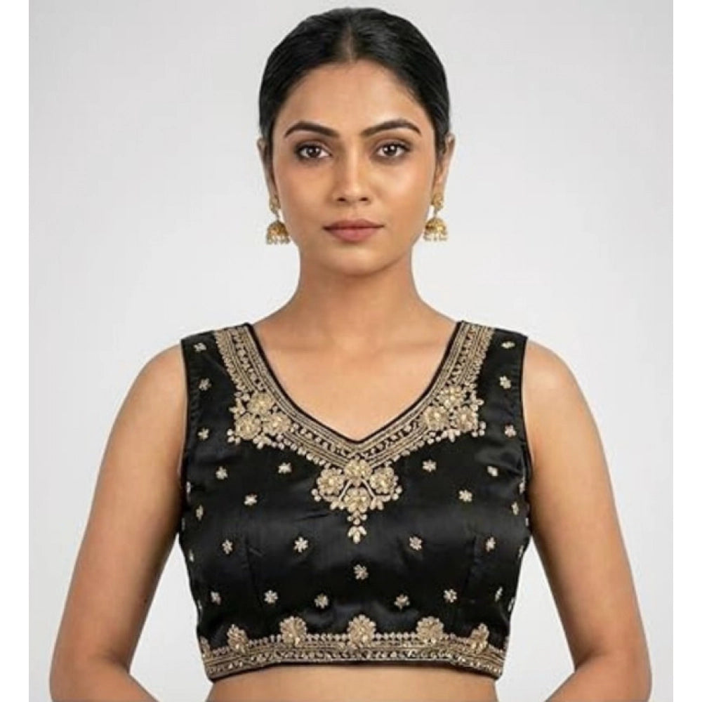 Vaystra Silk Embroidered V-Neck Sleeveless Readymade Padded Blouse – Black