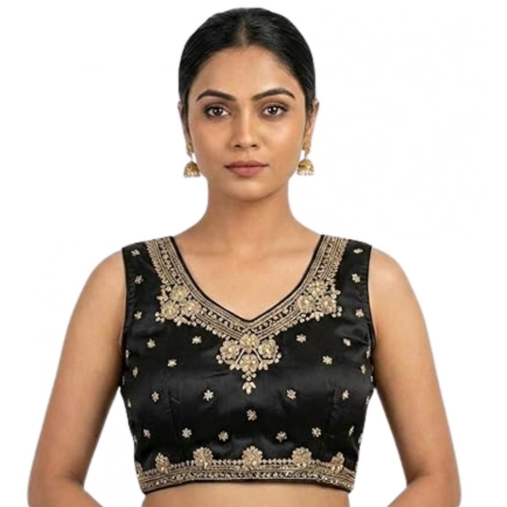 Vaystra Silk Embroidered V-Neck Sleeveless Readymade Padded Blouse – Black