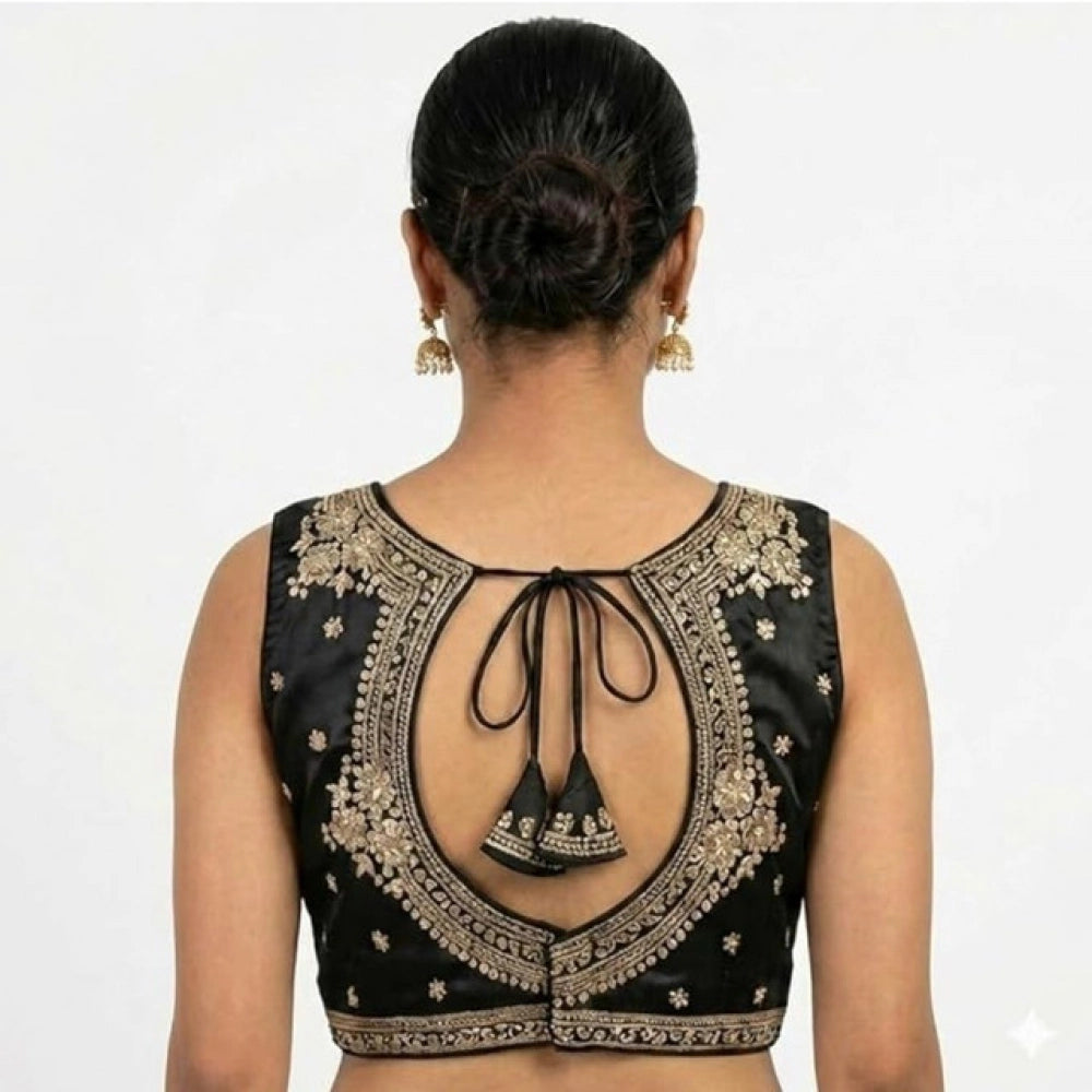 Vaystra Silk Embroidered V-Neck Sleeveless Readymade Padded Blouse – Black