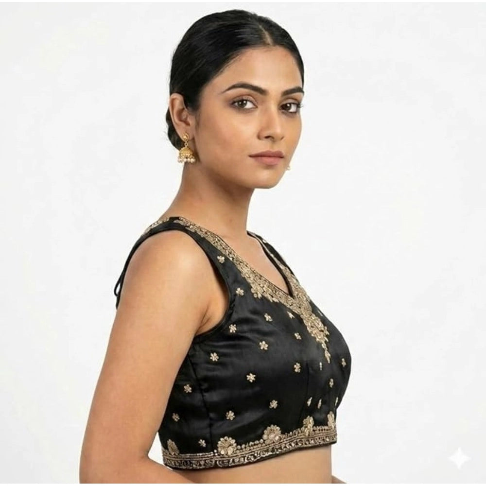 Vaystra Silk Embroidered V-Neck Sleeveless Readymade Padded Blouse – Black