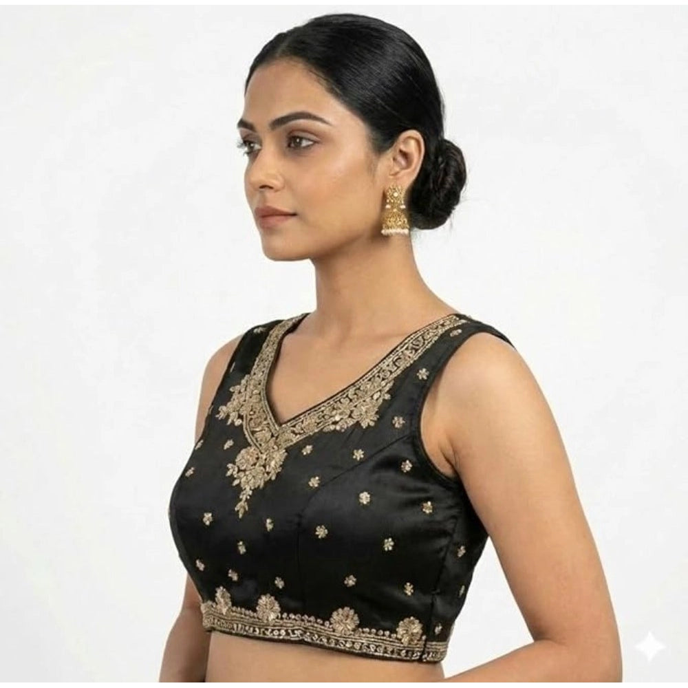 Vaystra Silk Embroidered V-Neck Sleeveless Readymade Padded Blouse – Black