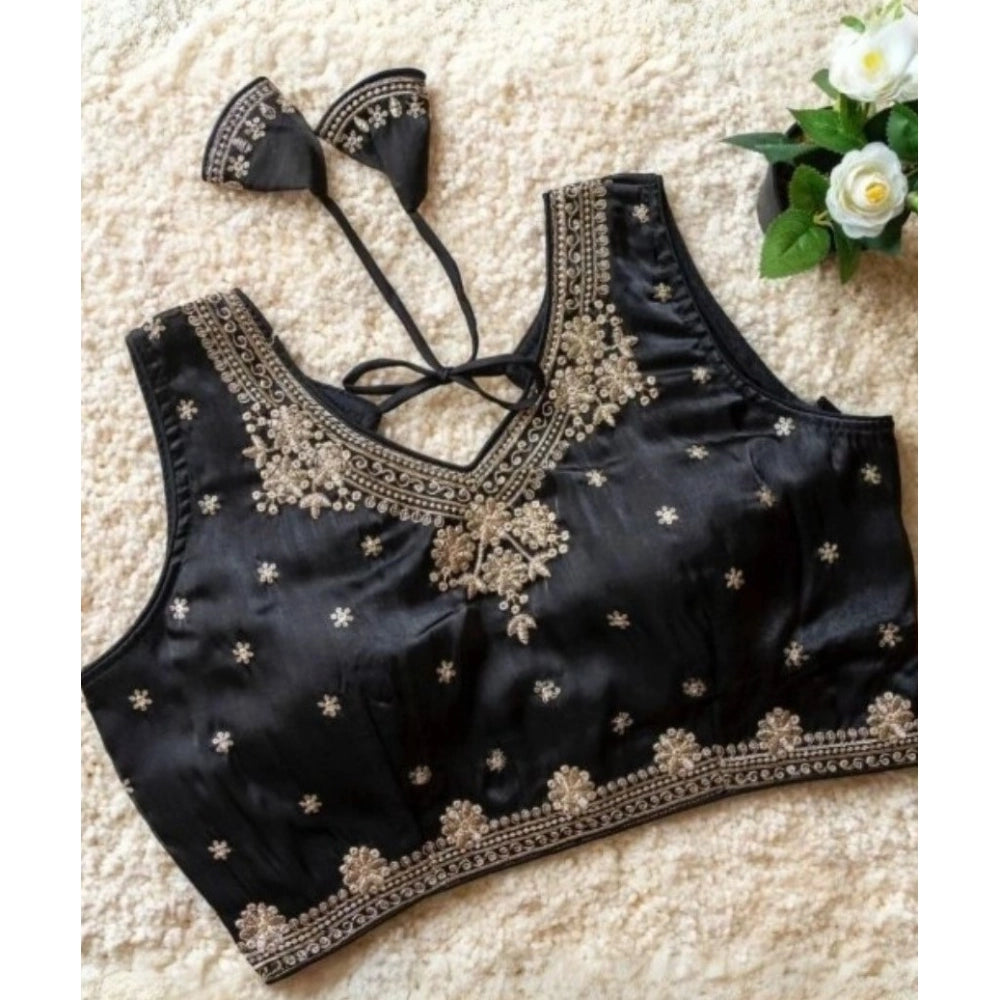 Vaystra Silk Embroidered V-Neck Sleeveless Readymade Padded Blouse – Black