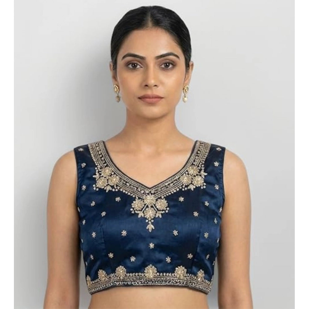 Vaystra Silk Embroidered V-Neck Sleeveless Readymade Padded Blouse – Blue