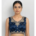 Vaystra Silk Embroidered V-Neck Sleeveless Readymade Padded Blouse – Blue