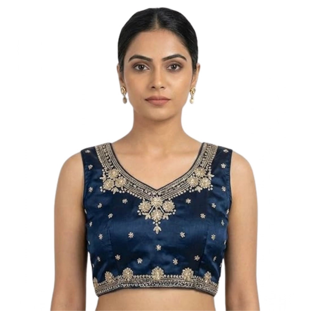 Vaystra Silk Embroidered V-Neck Sleeveless Readymade Padded Blouse – Blue