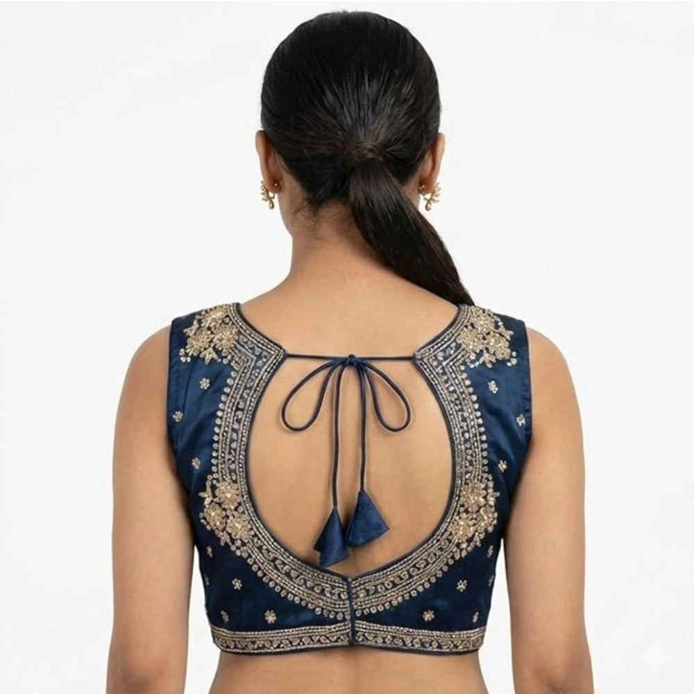 Vaystra Silk Embroidered V-Neck Sleeveless Readymade Padded Blouse – Blue