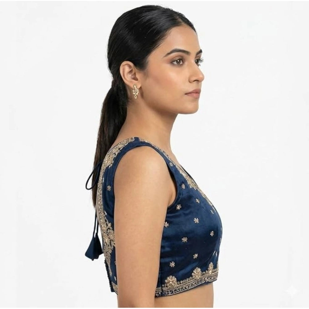 Vaystra Silk Embroidered V-Neck Sleeveless Readymade Padded Blouse – Blue