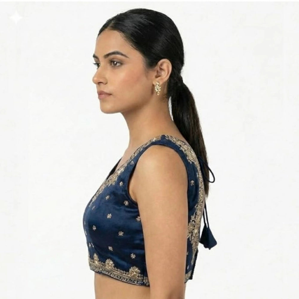 Vaystra Silk Embroidered V-Neck Sleeveless Readymade Padded Blouse – Blue