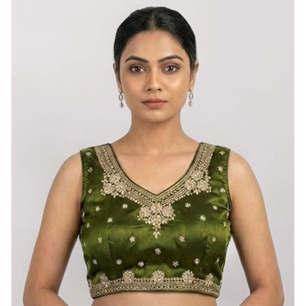 Vaystra Silk Embroidered V-Neck Sleeveless Readymade Padded Blouse – Mahendi