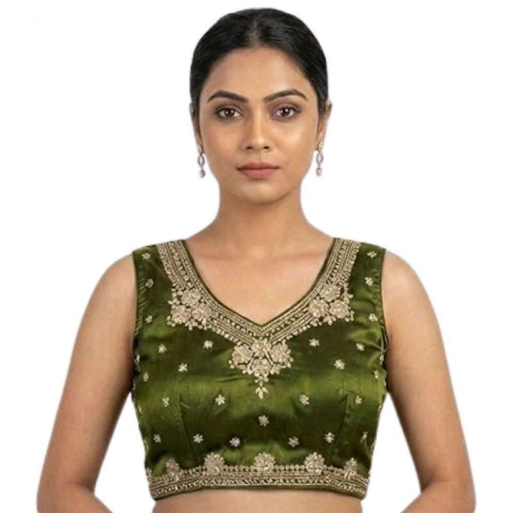Vaystra Silk Embroidered V-Neck Sleeveless Readymade Padded Blouse – Mahendi