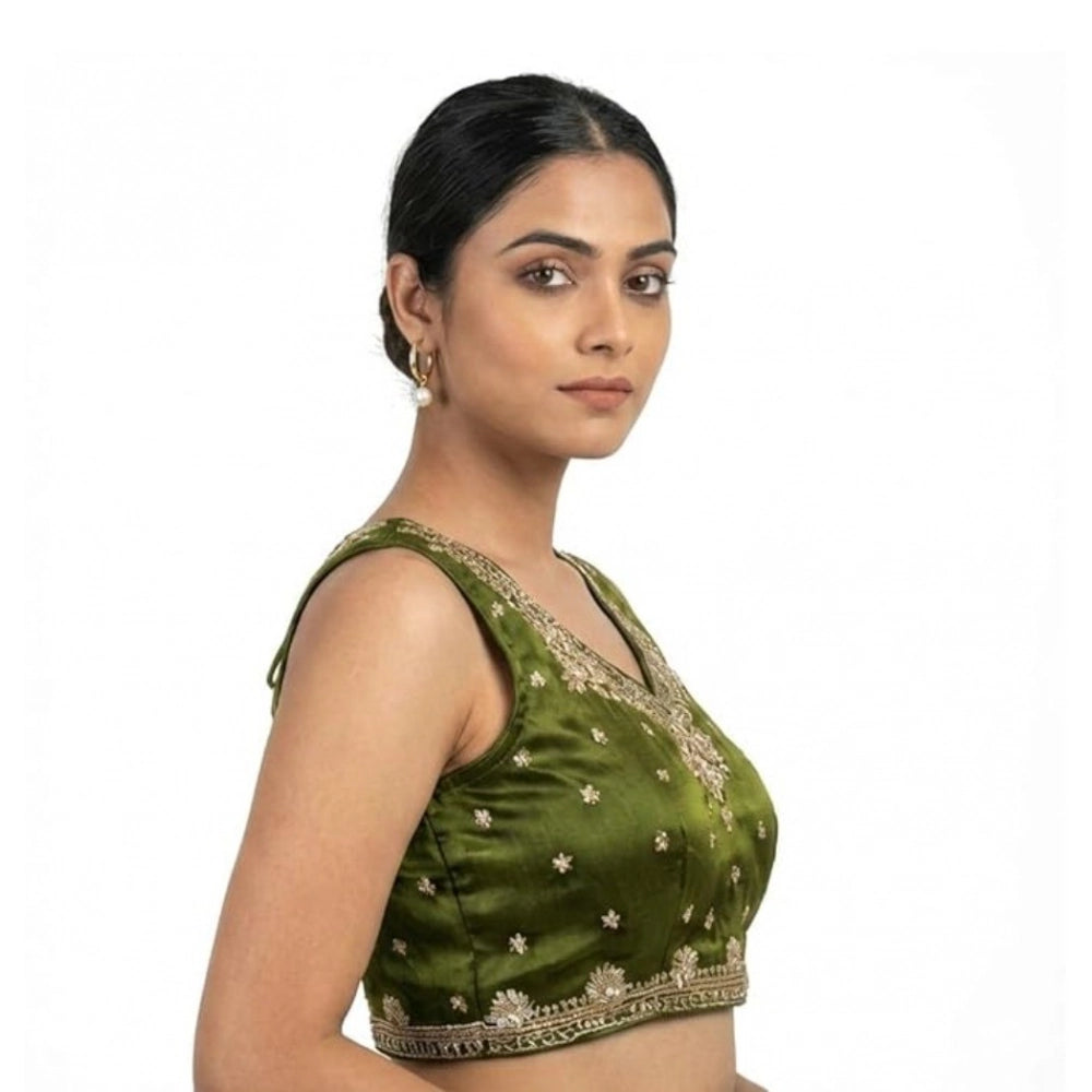 Vaystra Silk Embroidered V-Neck Sleeveless Readymade Padded Blouse – Mahendi