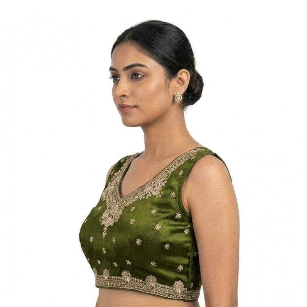 Vaystra Silk Embroidered V-Neck Sleeveless Readymade Padded Blouse – Mahendi