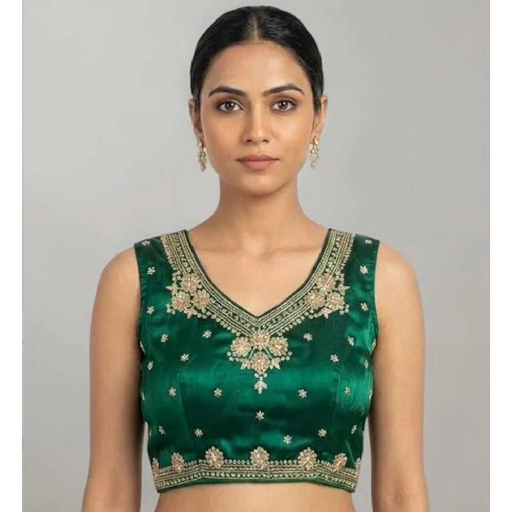 Vaystra Silk Embroidered V-Neck Sleeveless Readymade Padded Blouse – Green