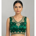 Vaystra Silk Embroidered V-Neck Sleeveless Readymade Padded Blouse – Green